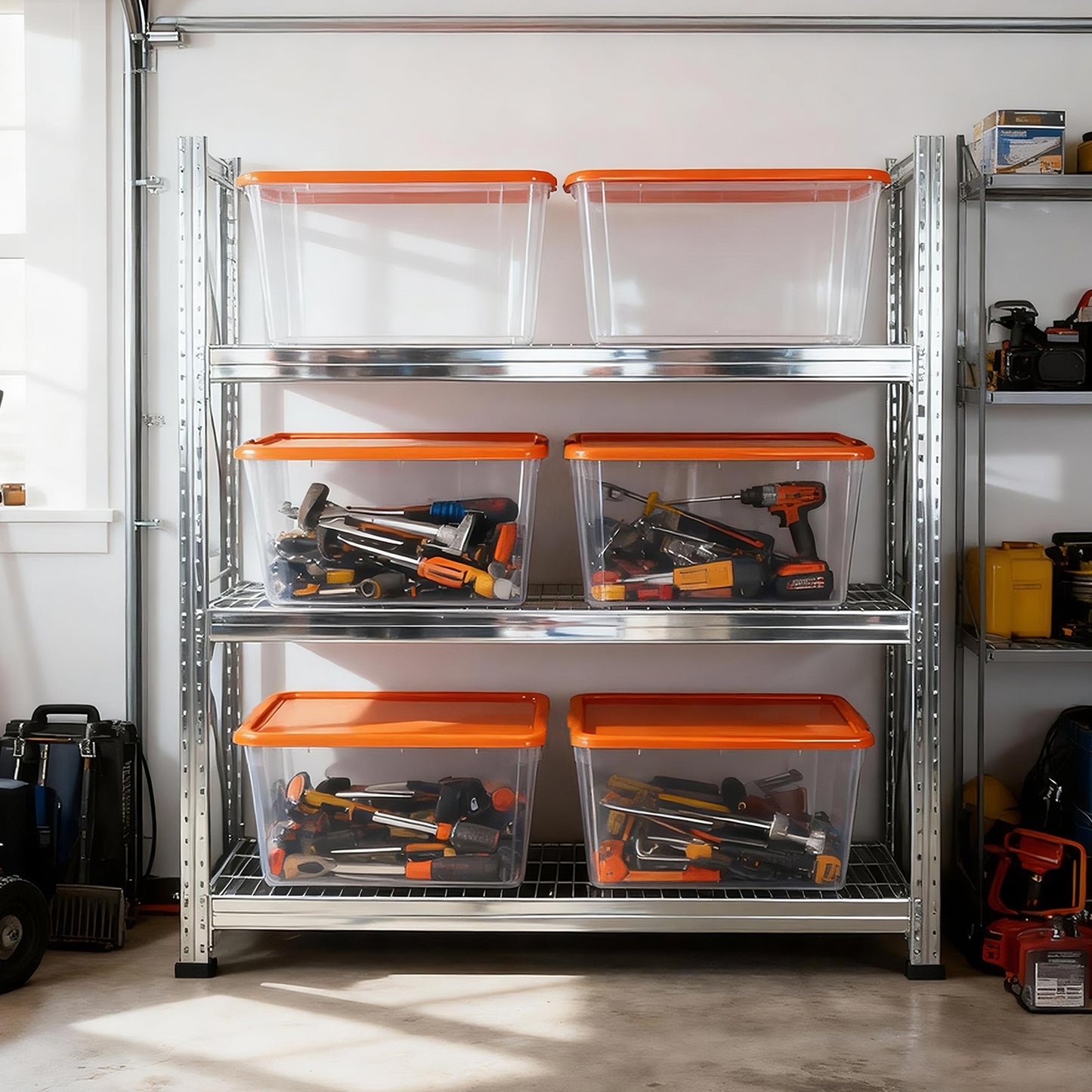 SimplyKleen 4-Pack 14.5 Gallon Clear Plastic Storage Bins with Orange Lids, Stackable Storage Totes for Garage, Closet, Basement, Moving & Home Organization