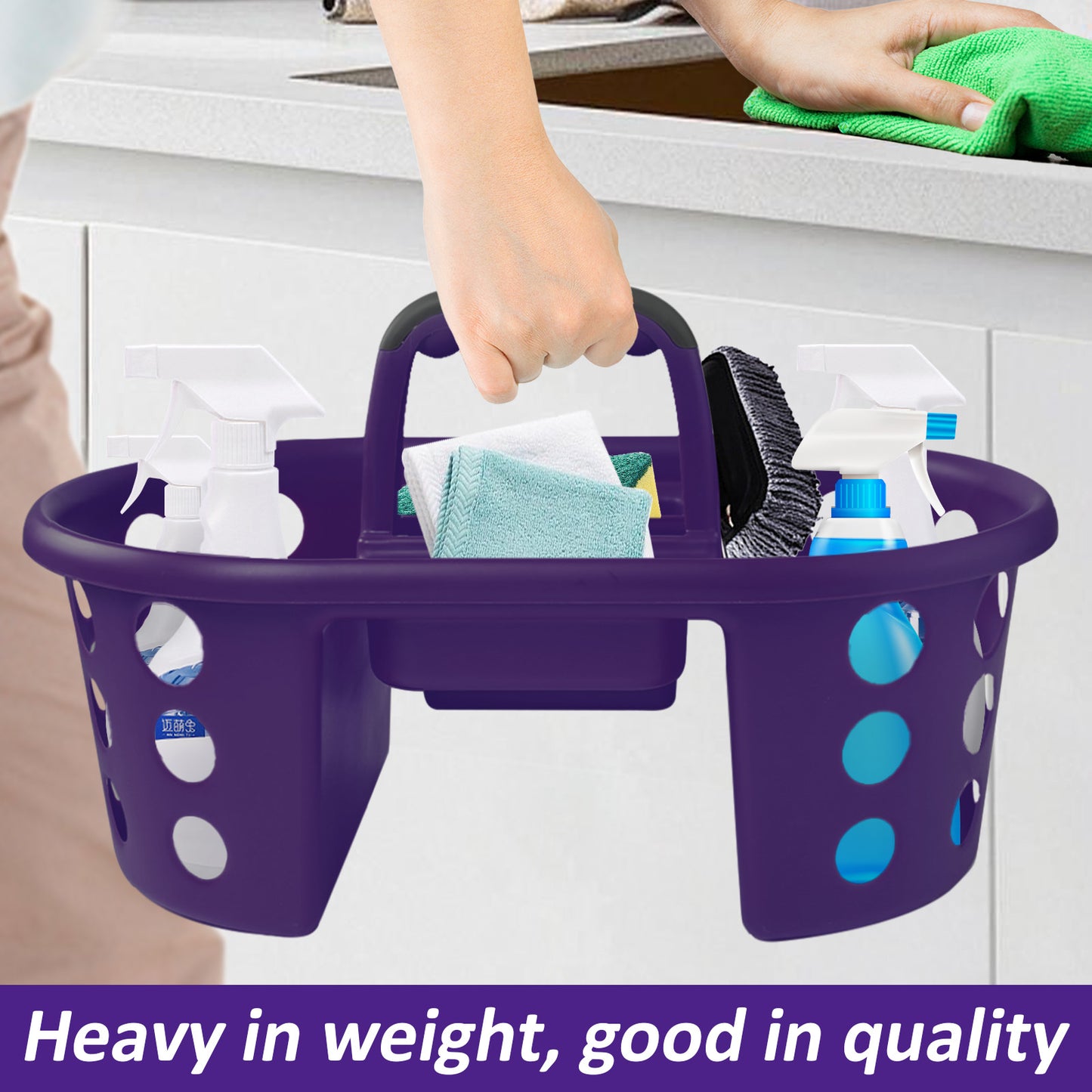 SimplyKleen Large Portable Storage Caddies, 2-Pack Purple Plastic Storage Baskets with Handles for Home, Kitchen, Bathroom & Dorm