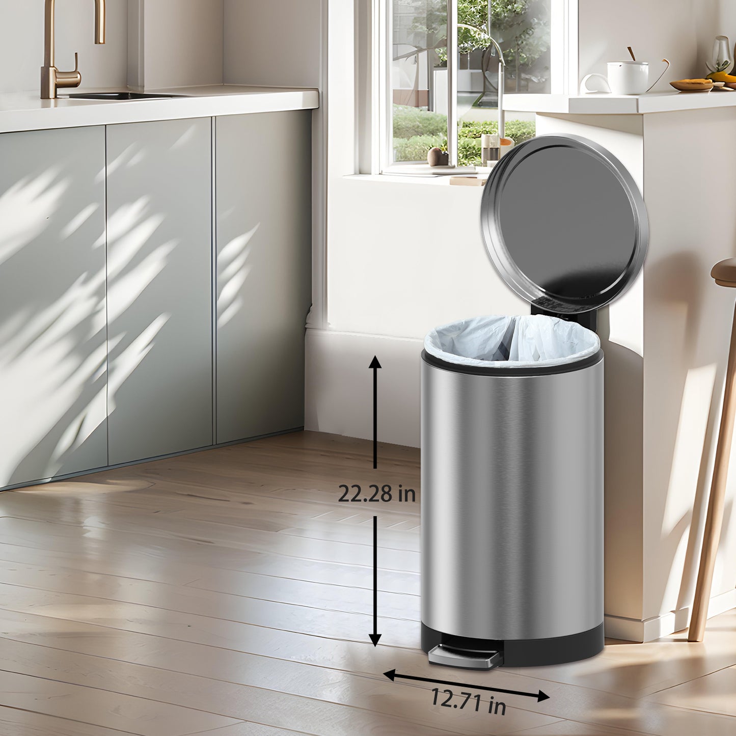 SimplyKleen Kleen-Fit 30L Round Stainless Steel Step Trash Can with Soft-Close Lid for Kitchen, Office & Home