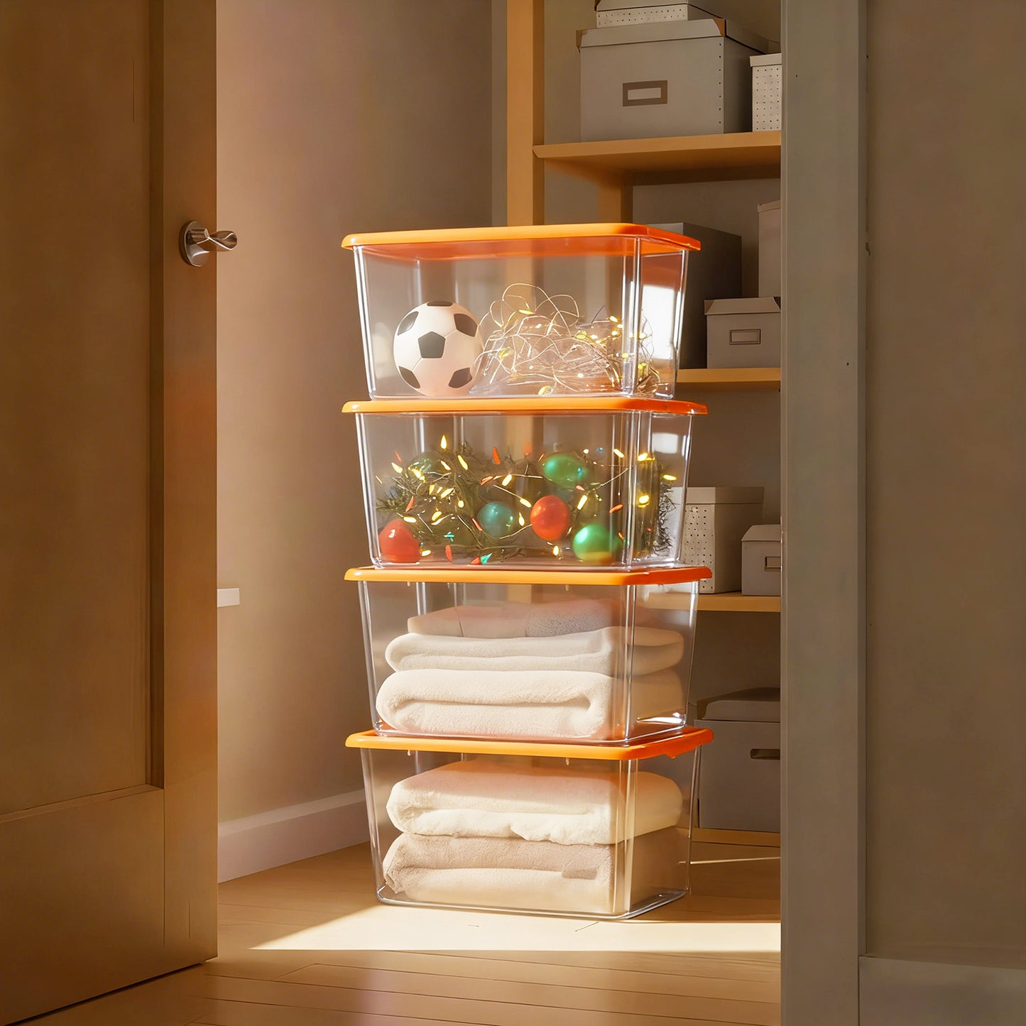 SimplyKleen 4-Pack 14.5 Gallon Clear Plastic Storage Bins with Orange Lids, Stackable Storage Totes for Garage, Closet, Basement, Moving & Home Organization