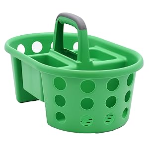 A green plastic shower caddy with a handle, featuring four large compartments.
