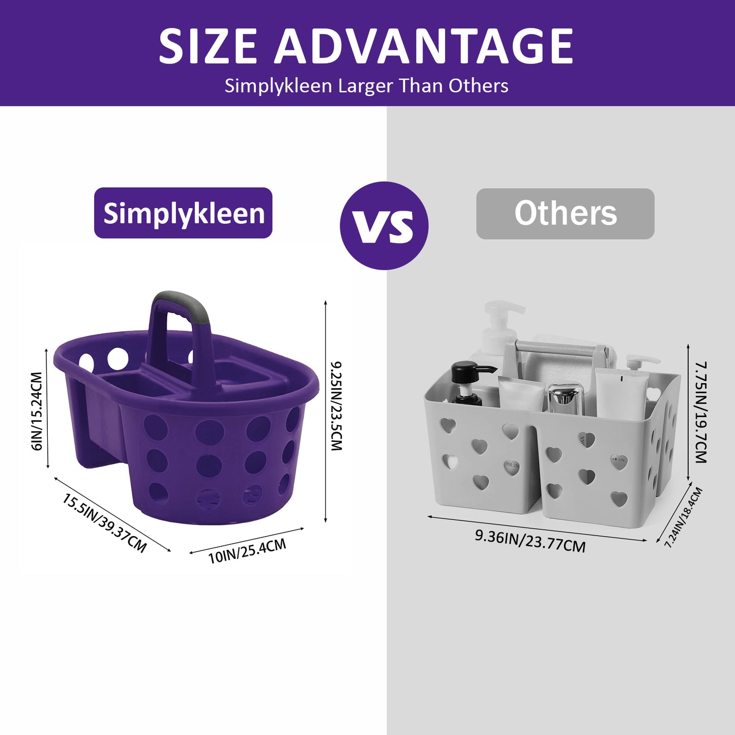SimplyKleen Large Portable Storage Caddies, 2-Pack Purple Plastic Storage Baskets with Handles for Home, Kitchen, Bathroom & Dorm