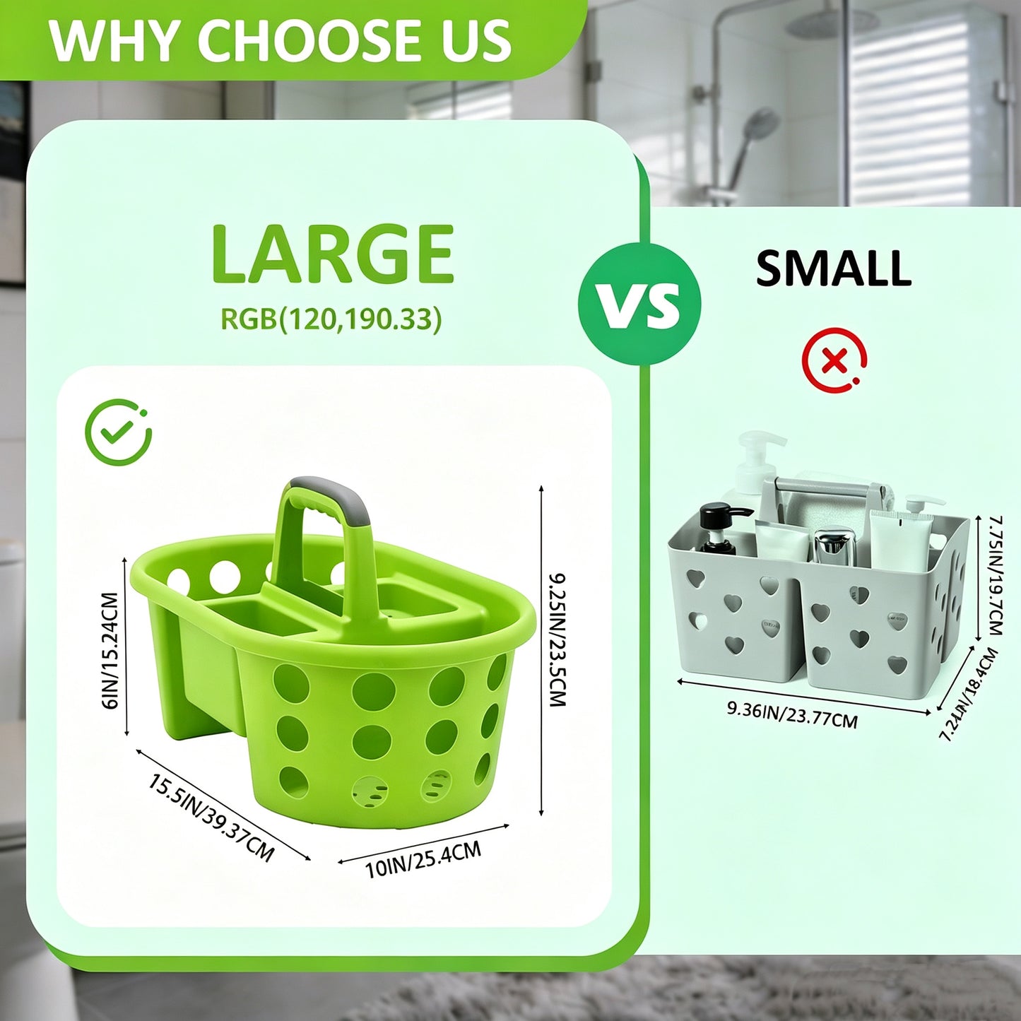 Shower Caddy with Handle 2-Pack Plastic Bathroom Storage Organizer, Green Made in the USA
