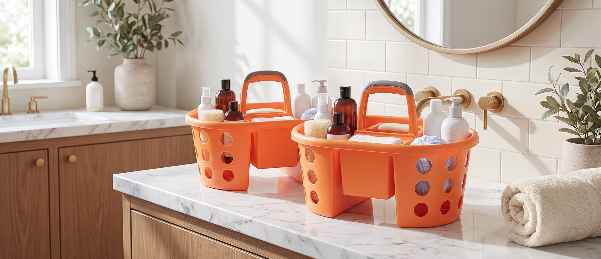 Two bright orange bathroom toiletry organizer baskets with handles, filled with bottles and containers, placed on a marble countertop in a modern bathroom setting.