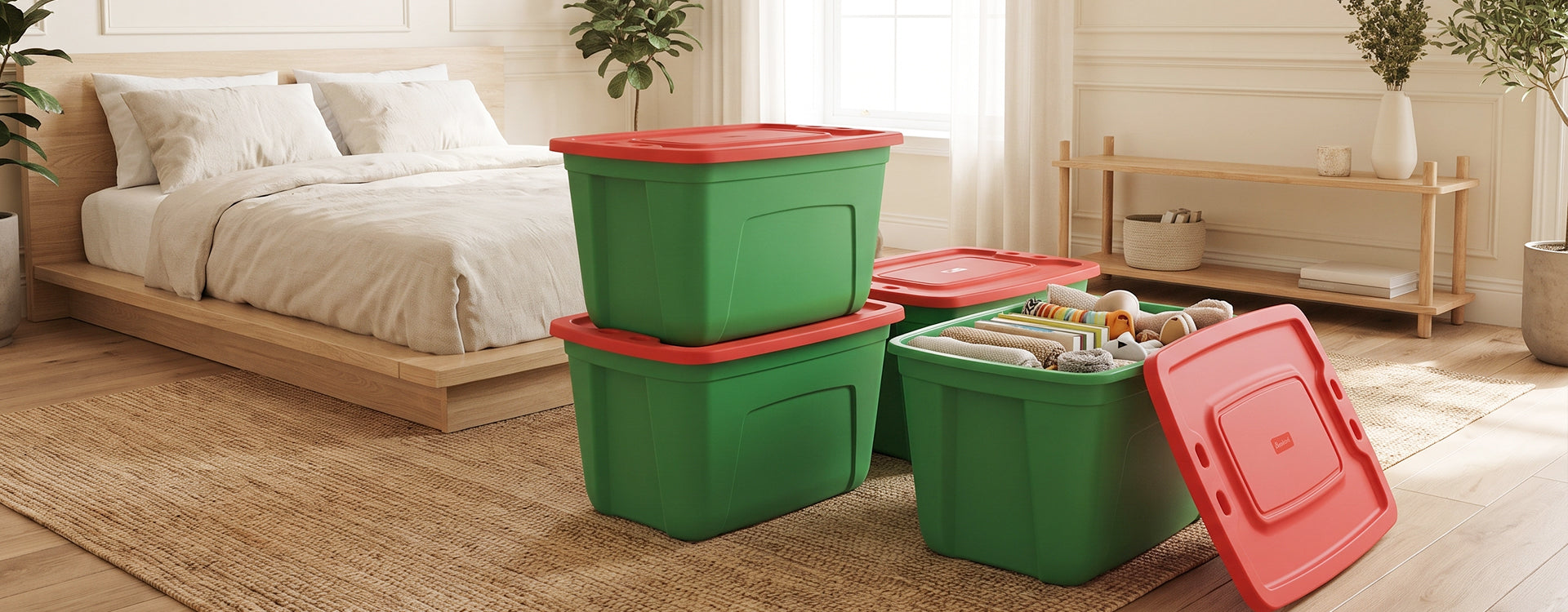 Three green plastic storage bins with red lids are arranged on a wooden floor in a bright bedroom setting, with one bin open and its lid leaning against it.