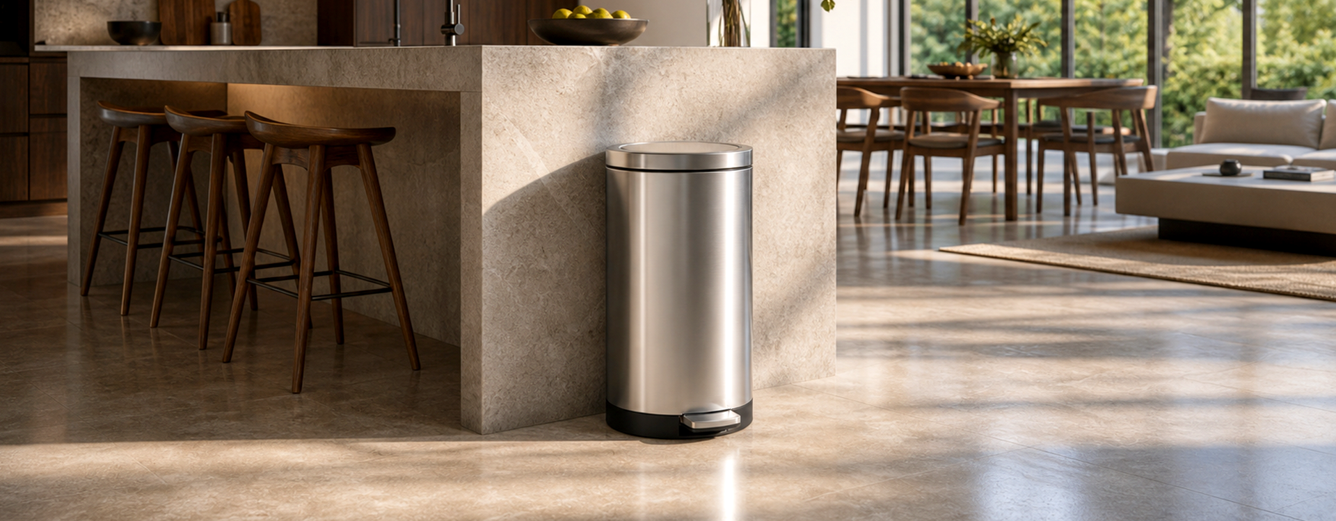 A stainless steel undercounter trash can with a foot pedal, positioned next to a modern kitchen island in a bright, contemporary home interior.