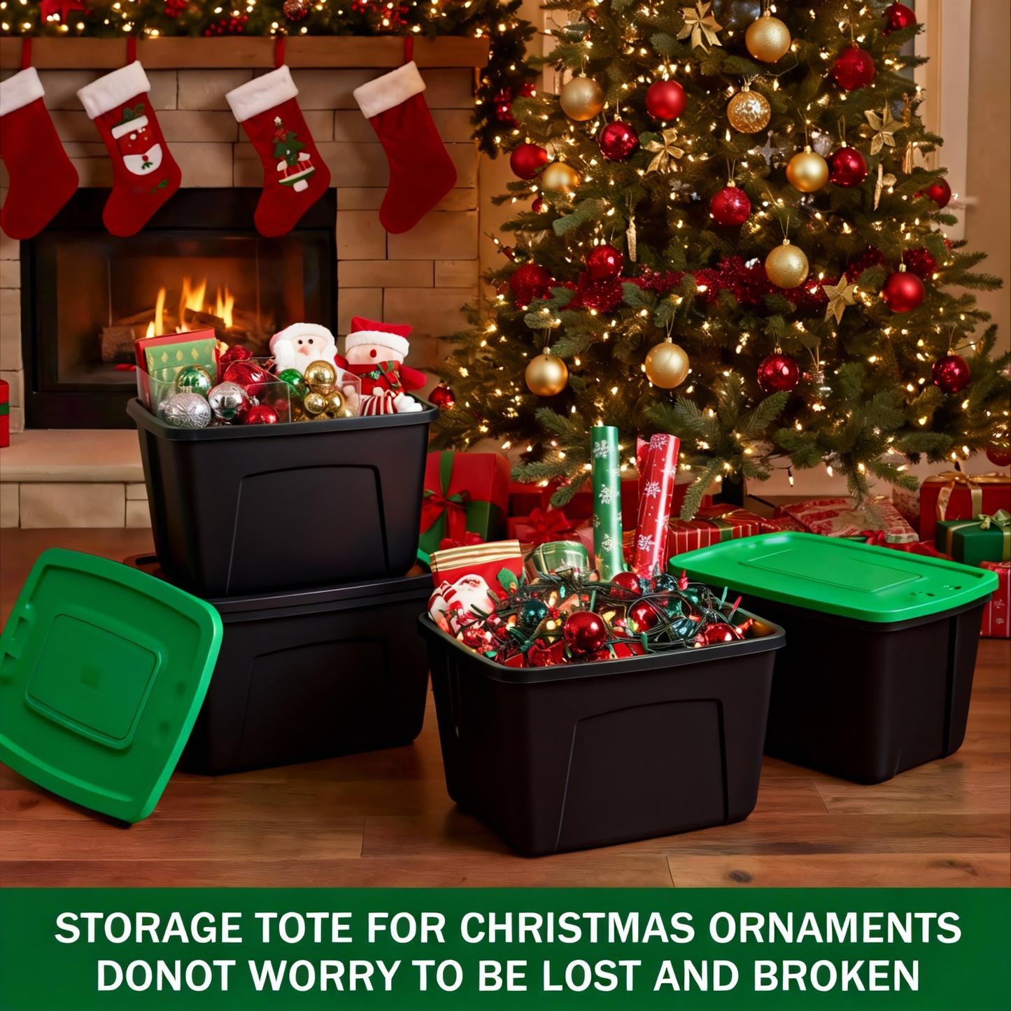 Three black plastic storage totes with green lids are filled with Christmas ornaments and wrapped gifts in a decorated holiday living room scene with stockings, a fireplace, and a Christmas tree. A green banner at the bottom reads 'STORAGE TOTE FOR CHRISTMAS ORNMENTS DON'T WORRY TO BE LOST AND BROKEN'.