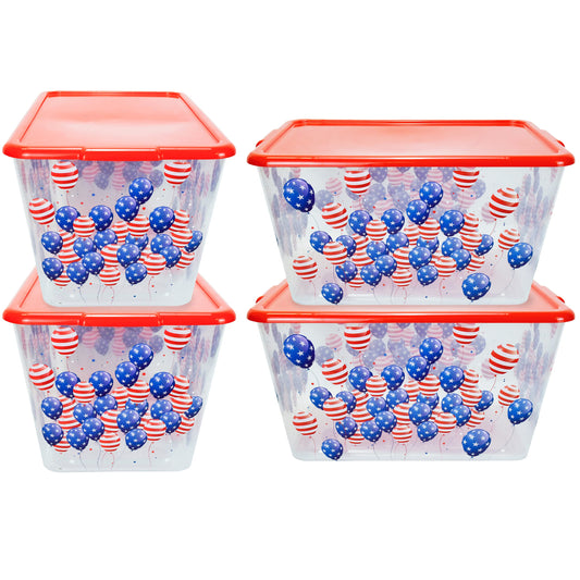 Simplykleen-14.5gal. Reusable Stacking Plastic Storage Containers with Lids, Patriotic Balloons (Pack of 4) Made in the USA