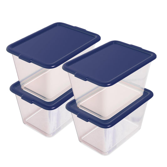 Simplykleen-14.5gal. Reusable Stacking Plastic Storage Containers with Lids, Navy Blue/Clear (Pack of 4)