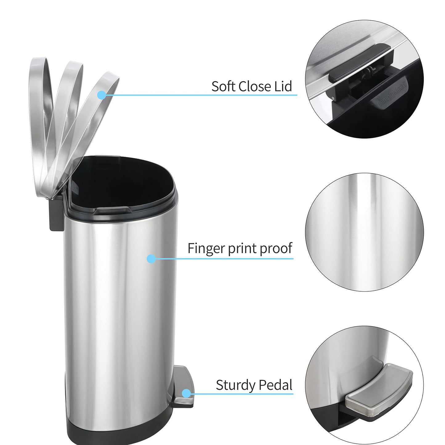 Simplykleen-Fit 11.8-Gallon 45 Liter Semi-Round Stainless Steel Trash Can with Lid, Metal Garbage Can Trash Bin with Soft-Close Foot Pedal, Large Garbage Bin for Bathroom, Kitchen, Office