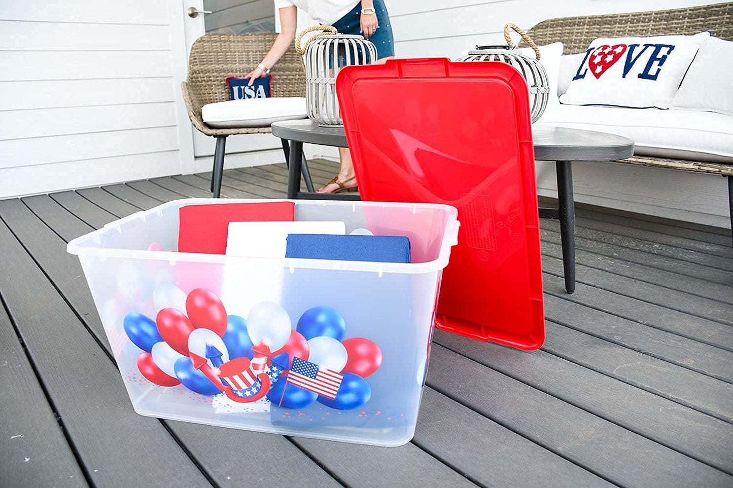 Simplykleen-14.5gal. USA 4th of July Storage Containers with Lids, Reusable Stacking Holiday Plastic Totes (Pack of 4) Made in the USA