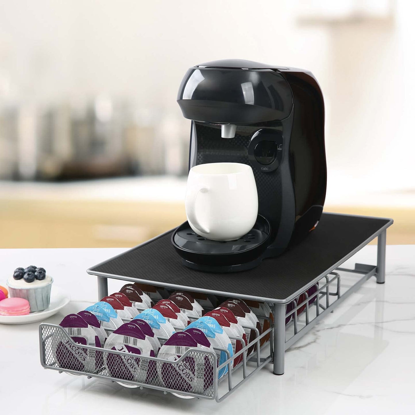 Coffee Pod Drawer, Capsules Storage Holder for 60 Tassimo Pods, Office Home or Kitchen, Black & Grey