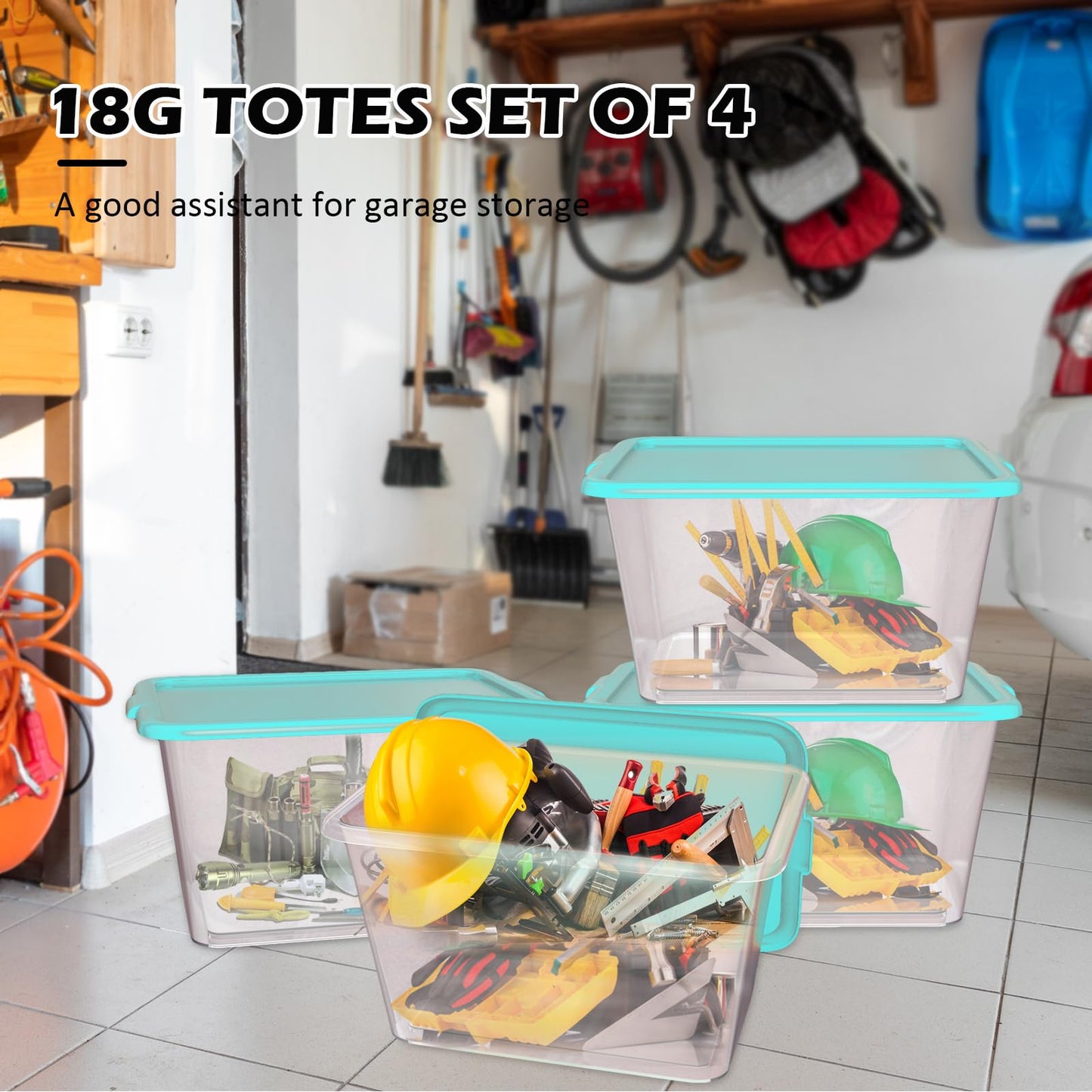 Simplekleen-14.5gal. Reusable Stacking Plastic Storage Containers with Lids, Aquamarine/Clear (Pack of 4)