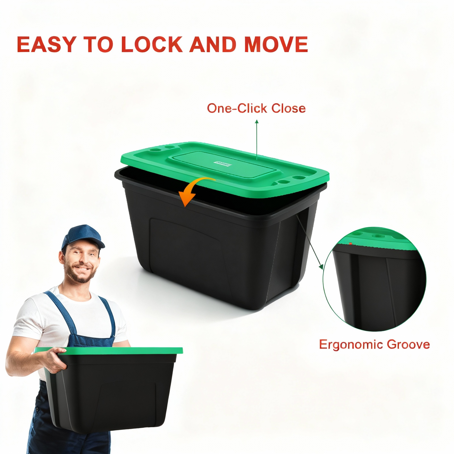 Black plastic storage bin with a bright green lid, shown with marketing text and a small inset photo of a man carrying the bin. The image includes callouts reading 'EASY TO LOCK AND MOVE,' 'One-Click Close,' and 'Ergonomic Groove.