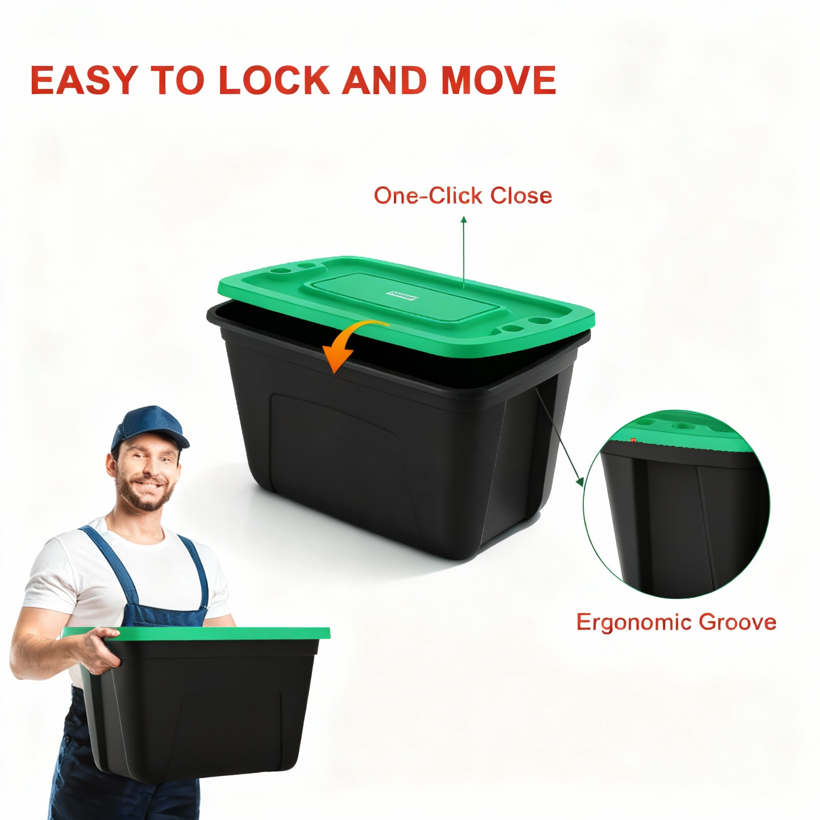 Black plastic storage bin with a bright green lid, shown with marketing text and a small inset photo of a man carrying the bin. The image includes callouts reading 'EASY TO LOCK AND MOVE,' 'One-Click Close,' and 'Ergonomic Groove.