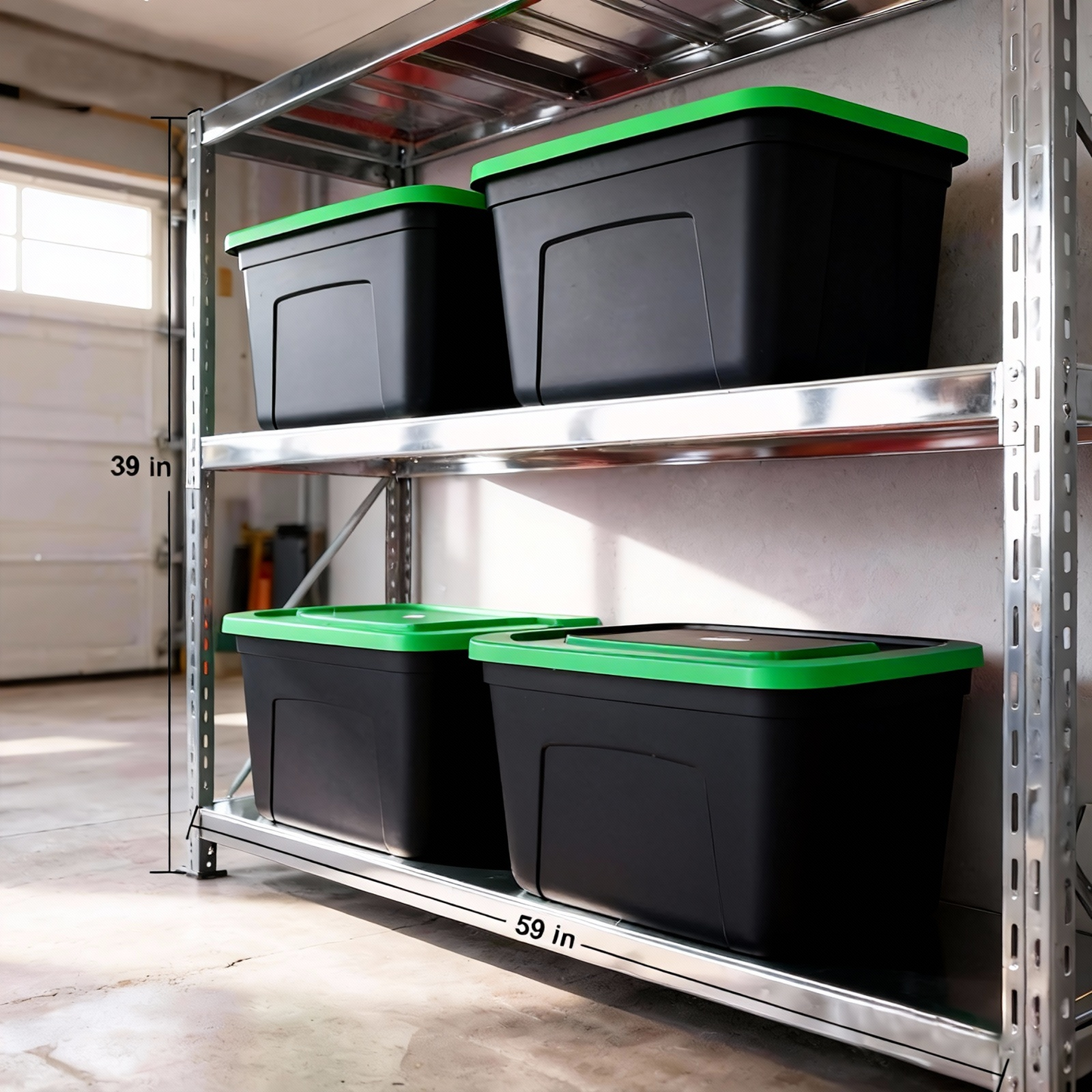 Four black plastic storage bins with bright green lids arranged on a metal shelving unit in a garage. White dimension lines and text indicate 39-inch shelf height and 59-inch shelf width.