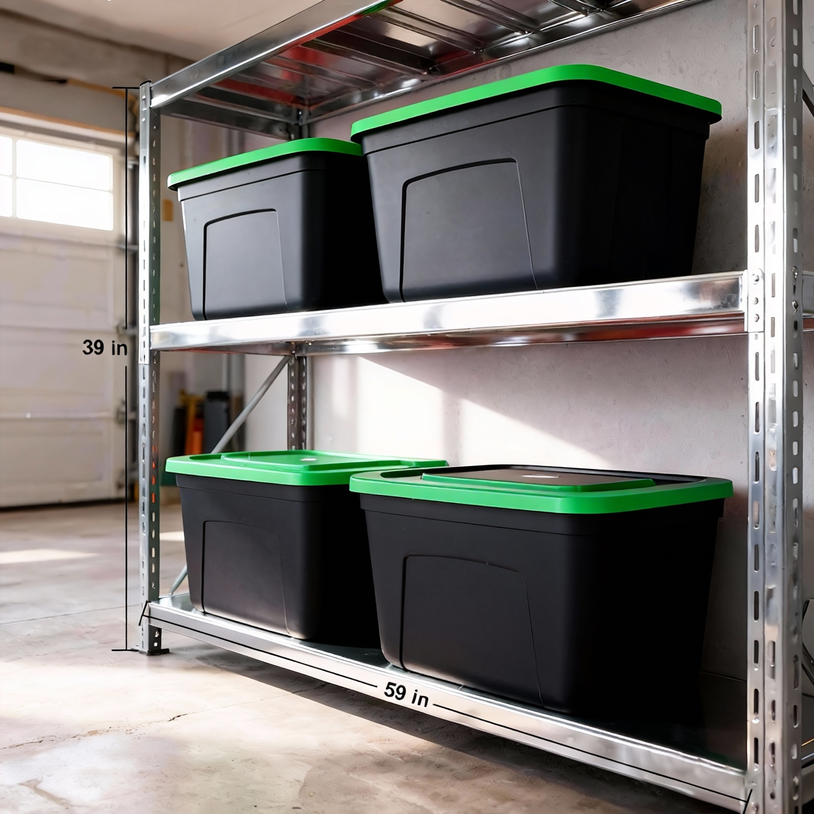 Four black plastic storage bins with bright green lids arranged on a metal shelving unit in a garage. White dimension lines and text indicate 39-inch shelf height and 59-inch shelf width.