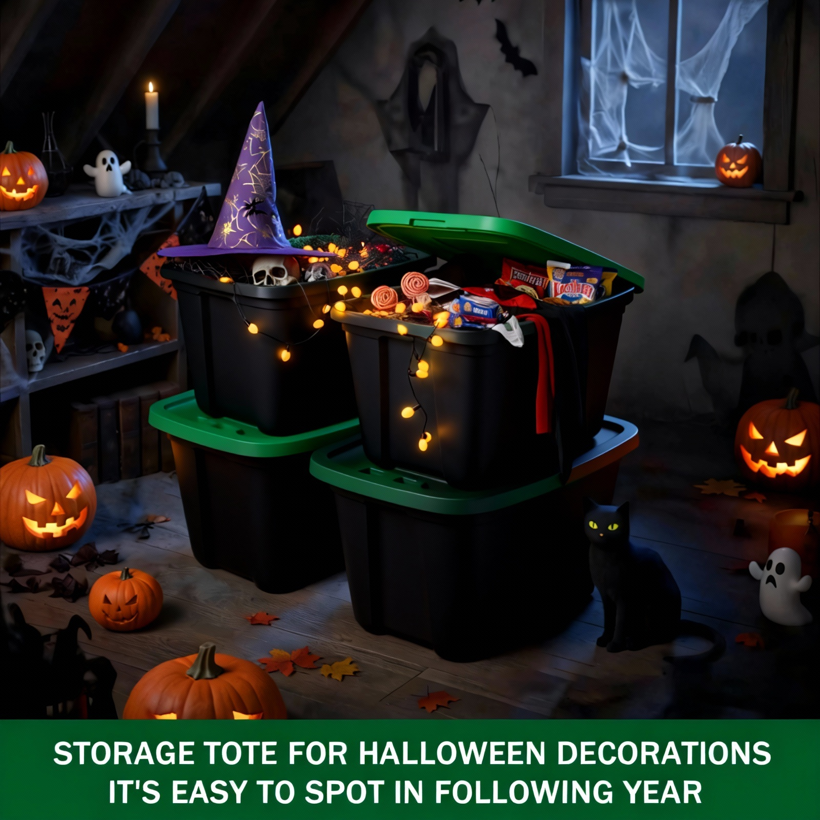 Three black plastic storage bins with green lids arranged in a spooky Halloween room. The bins are filled with Halloween decorations and candy, with a purple witch hat resting on top.