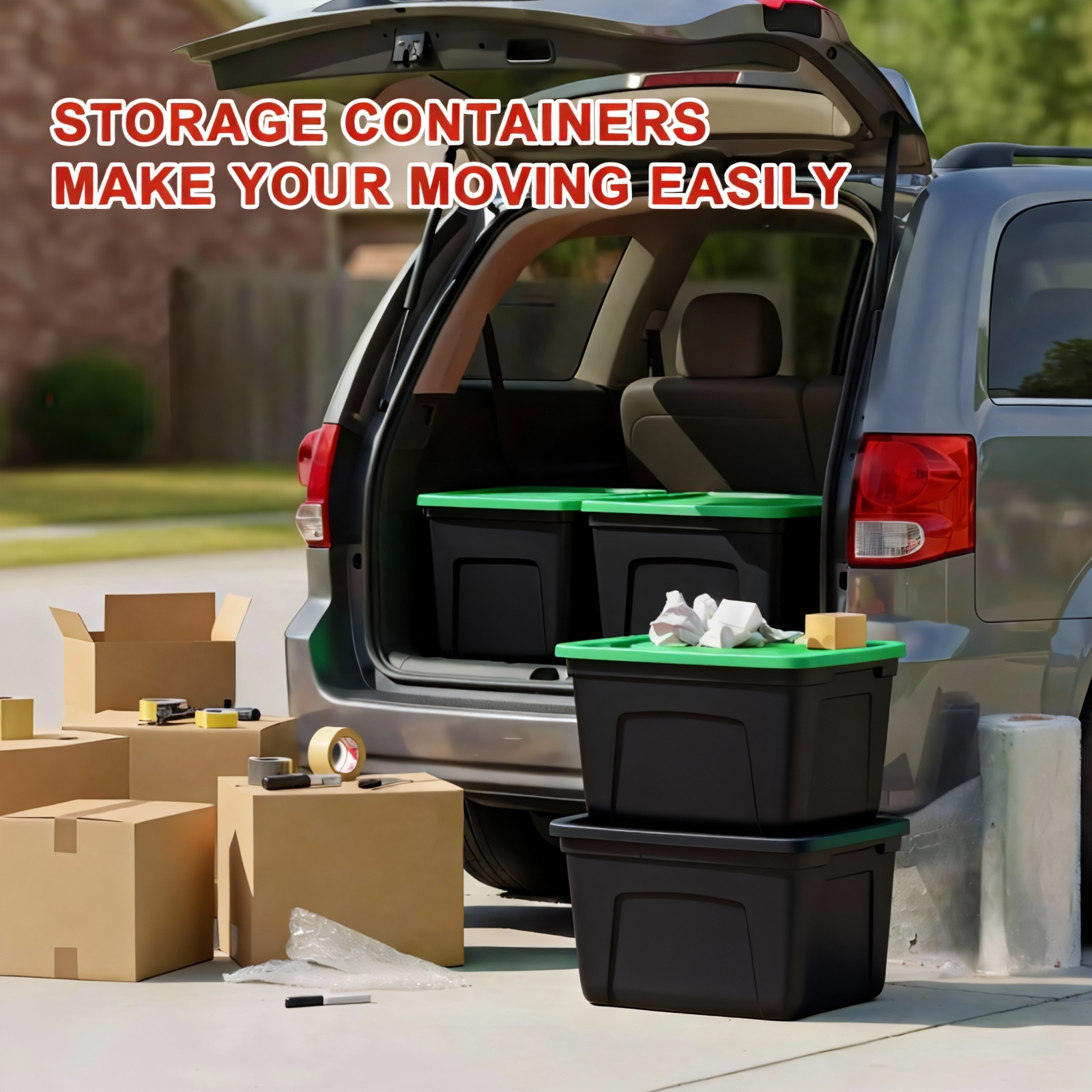 Black plastic storage containers with green lids shown in a real-world garage or driveway setting next to an open SUV trunk, with cardboard boxes and moving supplies on the ground. Text overlay reads 'STORAGE CONTAINERS MAKE YOUR MOVING EASILY'.