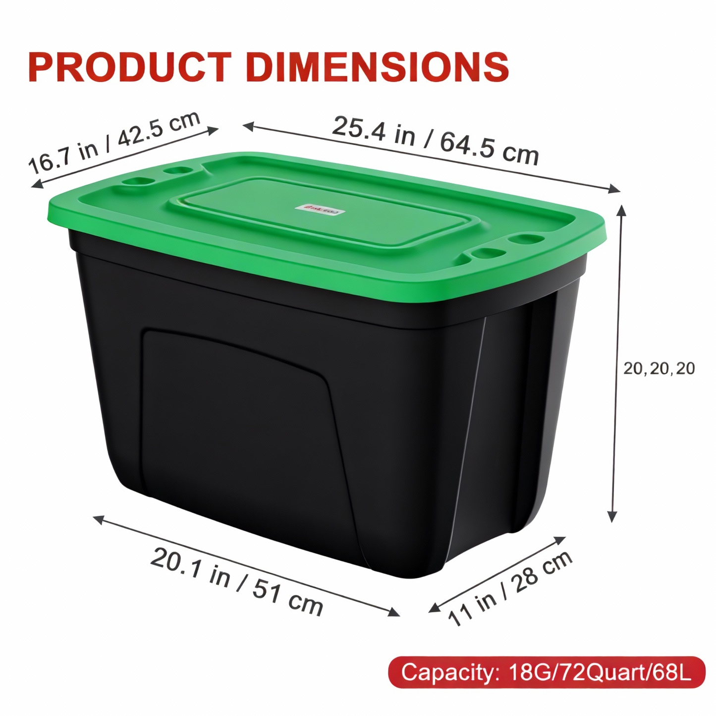 Black plastic storage bin with a green lid, shown with overlaid product dimension arrows and measurements on a white background, plus a red text label stating capacity 18G/72Quart/68L.