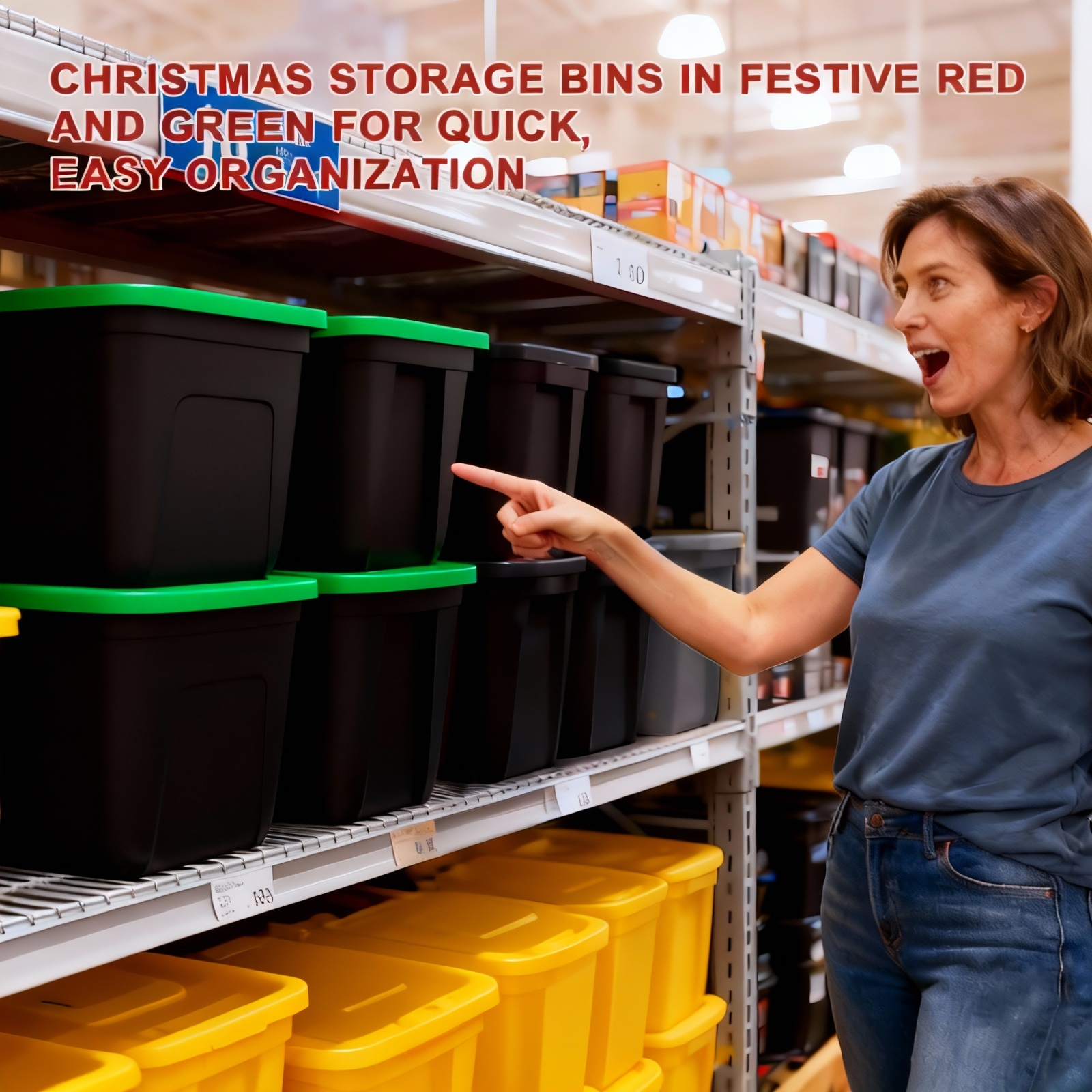 A woman in a store aisle points toward black plastic Christmas storage bins with bright green lids stacked on metal shelves. Red text at the top reads, 'CHRISTMAS STORAGE BINS IN FESTIVE RED AND GREEN FOR QUICK, EASY ORGANIZATION.