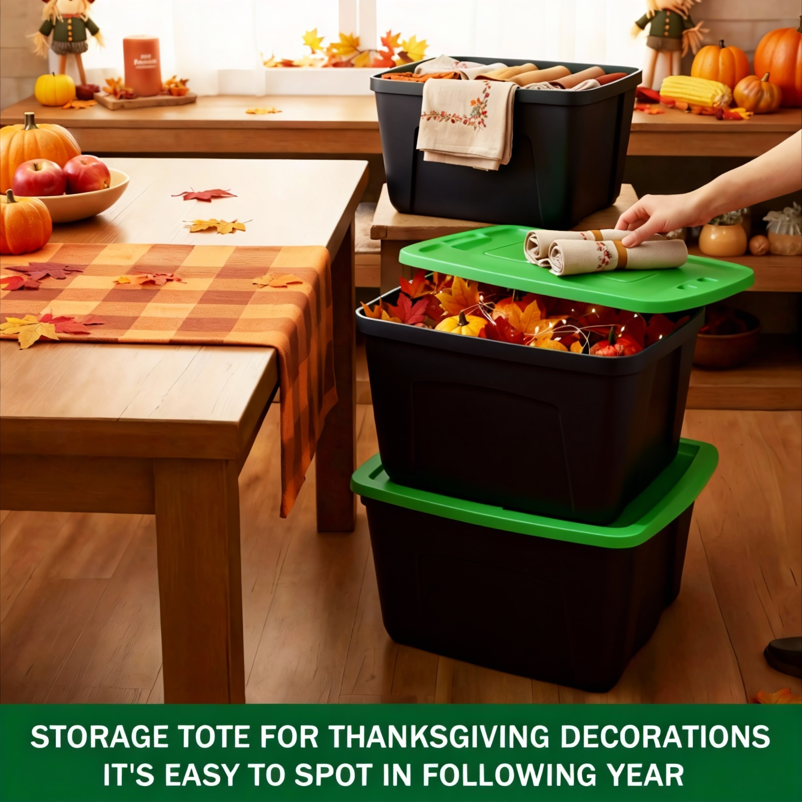 Three black plastic storage bins with bright green lids are shown in a decorated Thanksgiving kitchen setting. The top bin is open and filled with autumn decorations, with a hand reaching toward the lid.