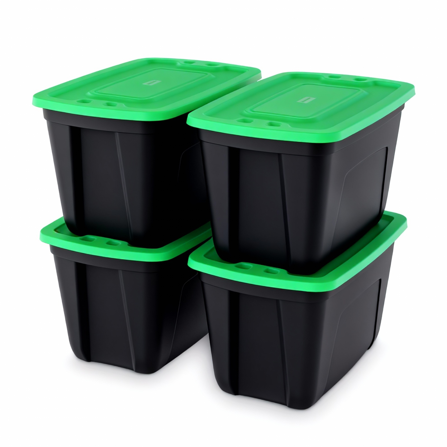 Four black plastic storage bins with bright green lids, stacked in a 2x2 arrangement on a white background.